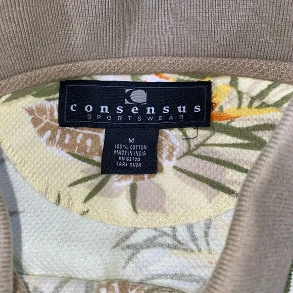 Consensus Sportswear Mens Tropical Floral Polo Shirt Tan Cotton Pique Medium - Picture 2 of 6